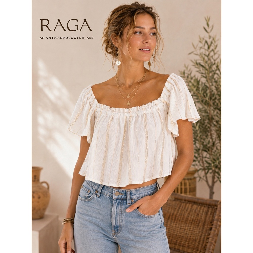 Raga Anthropologie White Gold Metallic Stripe Off Shoulder Boho Crop Top Large